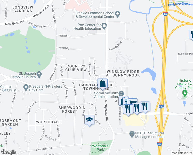 map of restaurants, bars, coffee shops, grocery stores, and more near 438 Sustainable Way in Raleigh