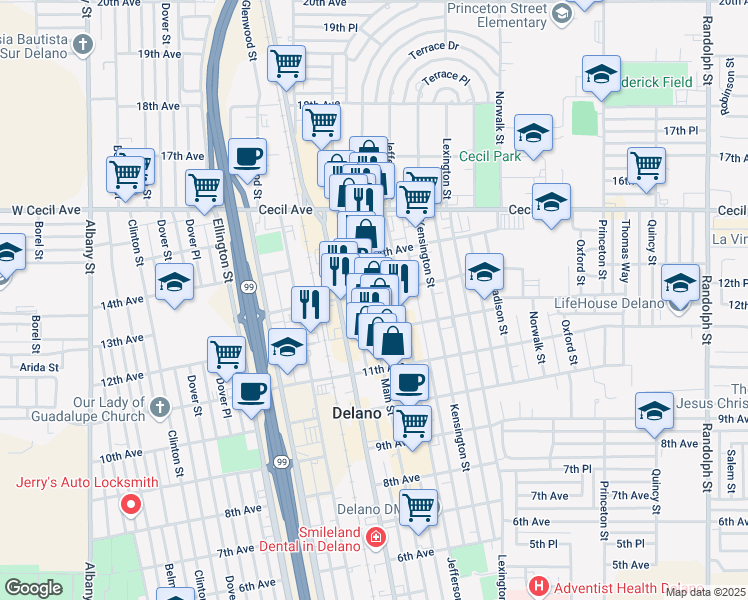 map of restaurants, bars, coffee shops, grocery stores, and more near 1228 Main Street in Delano