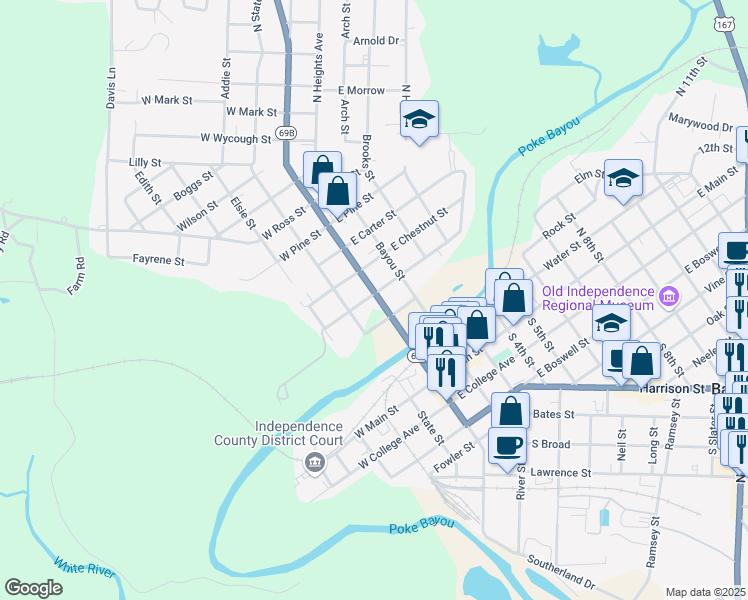 map of restaurants, bars, coffee shops, grocery stores, and more near 487 North Central Avenue in Batesville