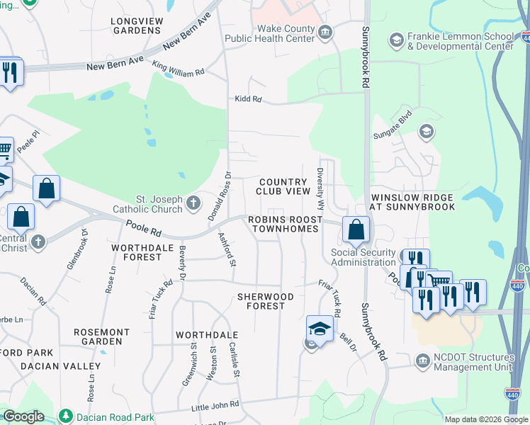 map of restaurants, bars, coffee shops, grocery stores, and more near 3104 Woodpecker Court in Raleigh