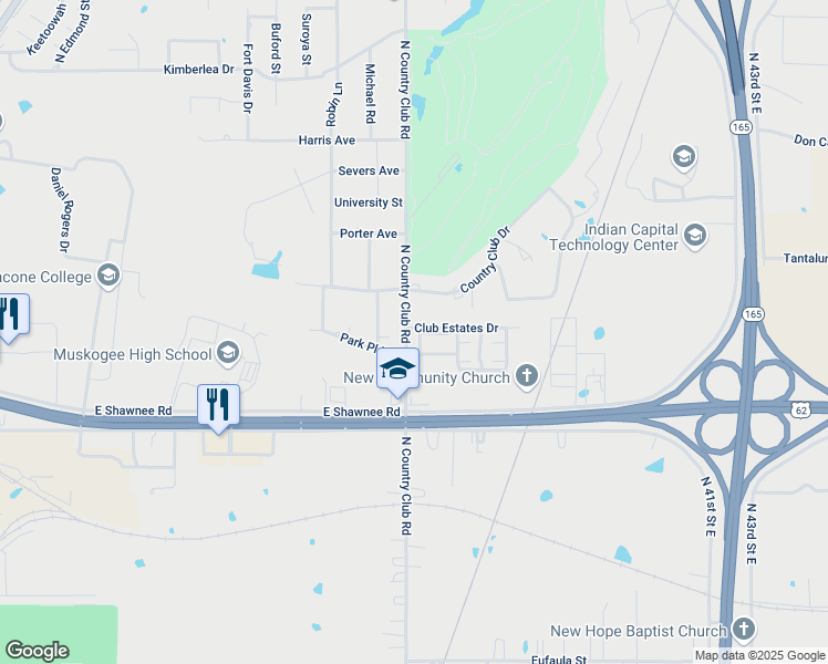 map of restaurants, bars, coffee shops, grocery stores, and more near 3605 Country Club Drive in Muskogee