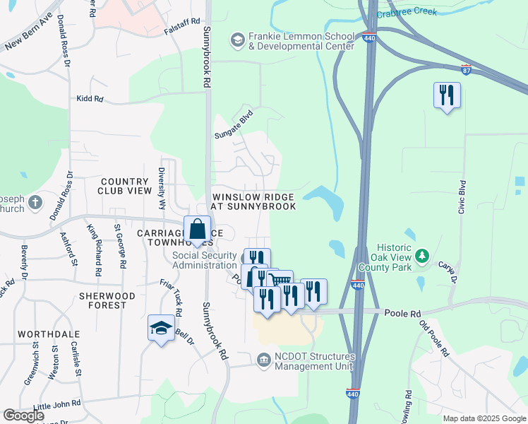 map of restaurants, bars, coffee shops, grocery stores, and more near 509 Erie Road in Raleigh