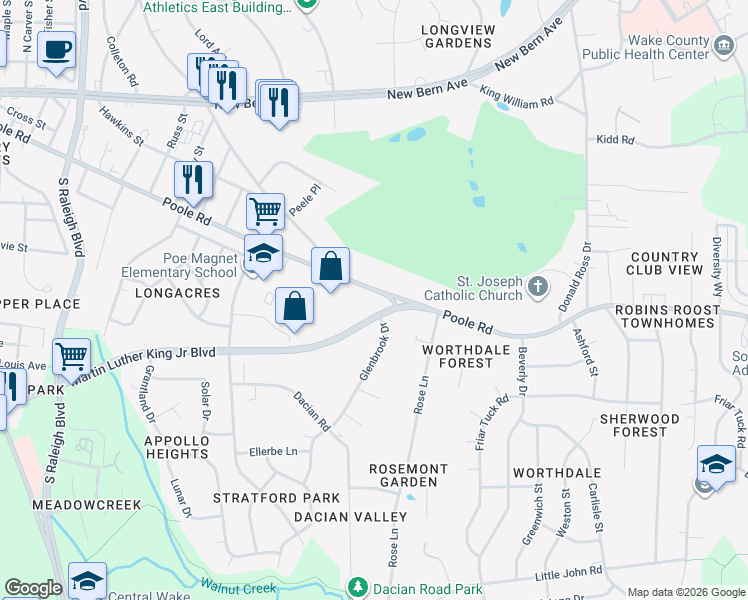 map of restaurants, bars, coffee shops, grocery stores, and more near in Raleigh