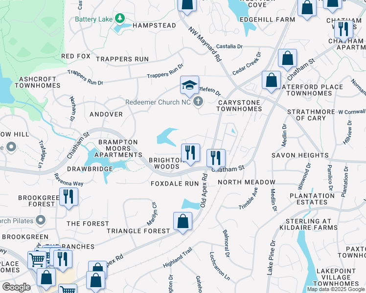 map of restaurants, bars, coffee shops, grocery stores, and more near 512 Oak Bluff Run in Cary