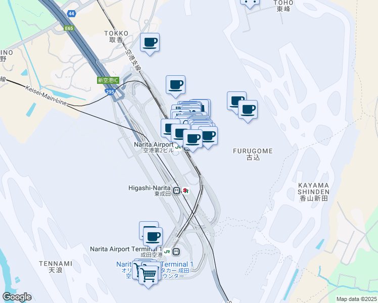 map of restaurants, bars, coffee shops, grocery stores, and more near in Narita