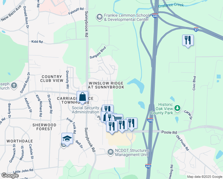 map of restaurants, bars, coffee shops, grocery stores, and more near 3404 Baton Road in Raleigh