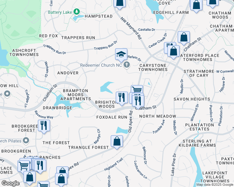 map of restaurants, bars, coffee shops, grocery stores, and more near 512 Oak Bluff Run in Cary