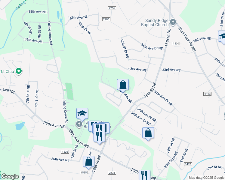 map of restaurants, bars, coffee shops, grocery stores, and more near 3131 9th Street Drive Northeast in Hickory