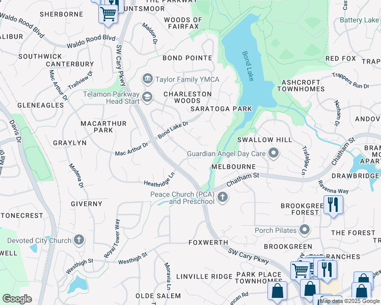 map of restaurants, bars, coffee shops, grocery stores, and more near 123 Gettysburg Drive in Cary