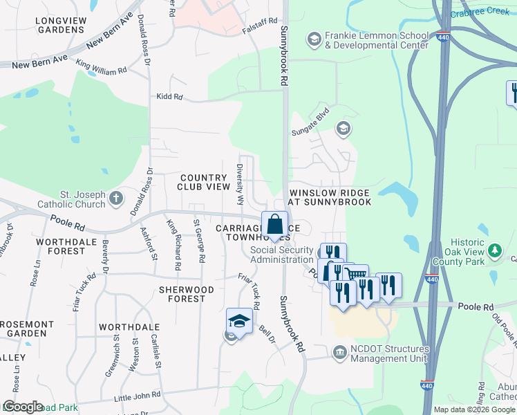 map of restaurants, bars, coffee shops, grocery stores, and more near 438 Sustainable Way in Raleigh