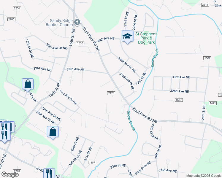map of restaurants, bars, coffee shops, grocery stores, and more near 2138 Kool Park Road Northeast in Hickory
