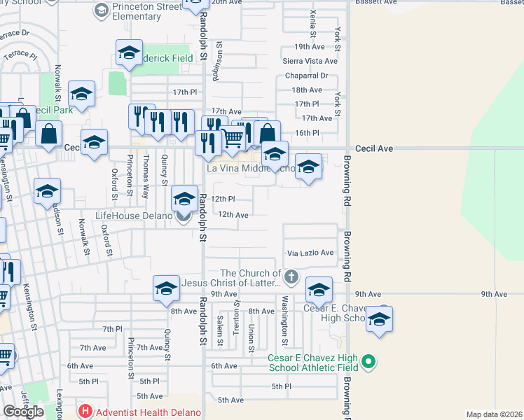 map of restaurants, bars, coffee shops, grocery stores, and more near 1871 12th Place in Delano