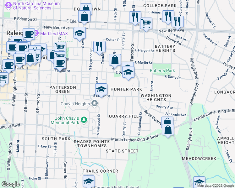 map of restaurants, bars, coffee shops, grocery stores, and more near 805 East Lenoir Street in Raleigh