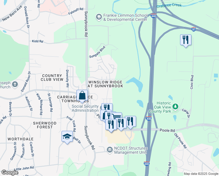 map of restaurants, bars, coffee shops, grocery stores, and more near 509 Erie Road in Raleigh