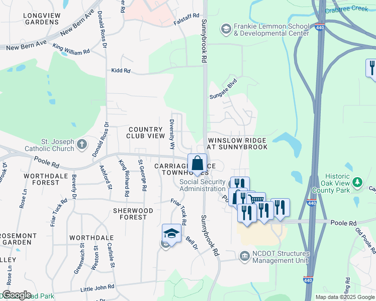 map of restaurants, bars, coffee shops, grocery stores, and more near 3209 Poole Road in Raleigh