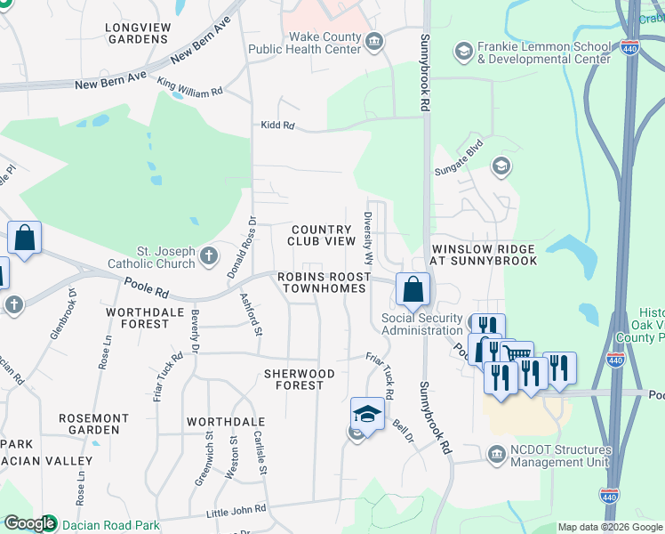 map of restaurants, bars, coffee shops, grocery stores, and more near 3120 Woodpecker Court in Raleigh