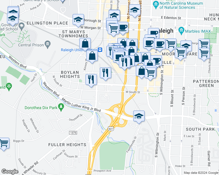 map of restaurants, bars, coffee shops, grocery stores, and more near in Raleigh