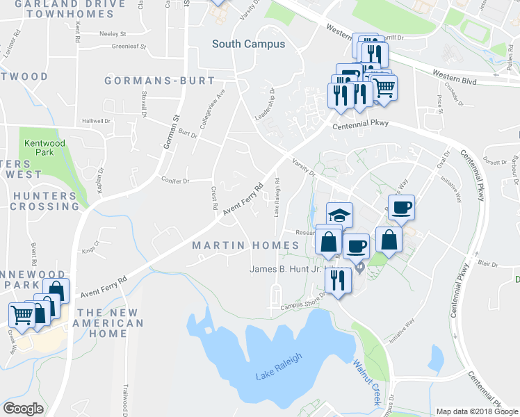 map of restaurants, bars, coffee shops, grocery stores, and more near 2505 Avent Ferry Road in Raleigh
