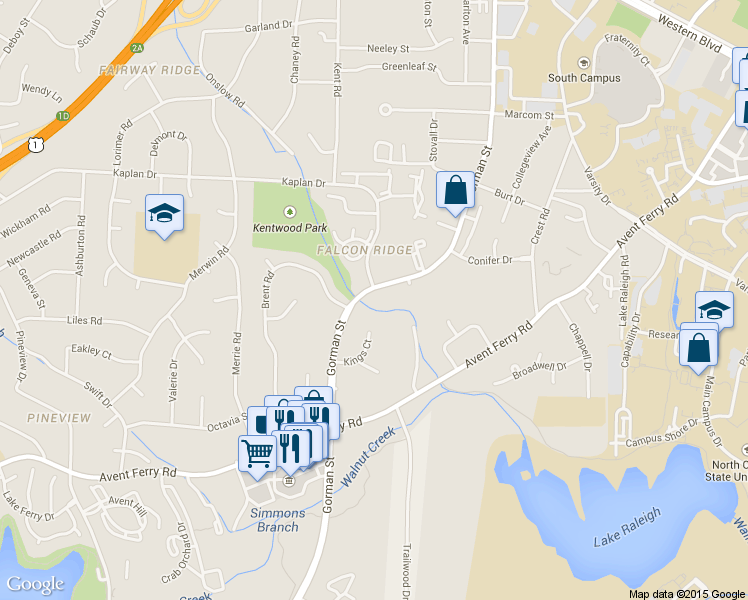 map of restaurants, bars, coffee shops, grocery stores, and more near 4107 Kaplan Drive in Raleigh