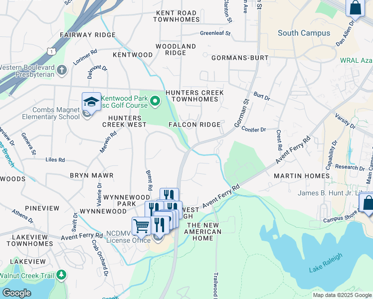 map of restaurants, bars, coffee shops, grocery stores, and more near 4107 Kaplan Drive in Raleigh
