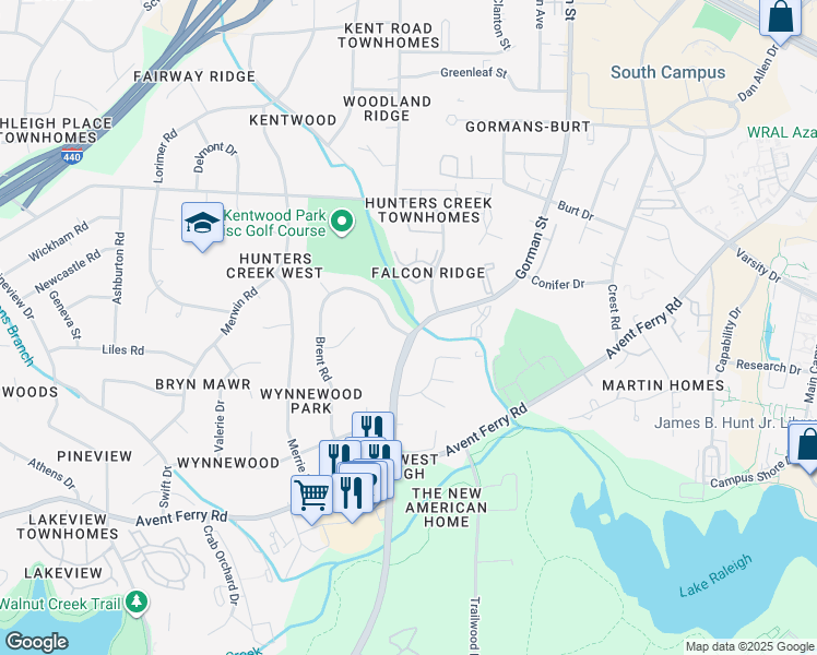 map of restaurants, bars, coffee shops, grocery stores, and more near 4107 Kaplan Drive in Raleigh