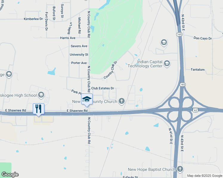 map of restaurants, bars, coffee shops, grocery stores, and more near 3721 Club View Drive in Muskogee