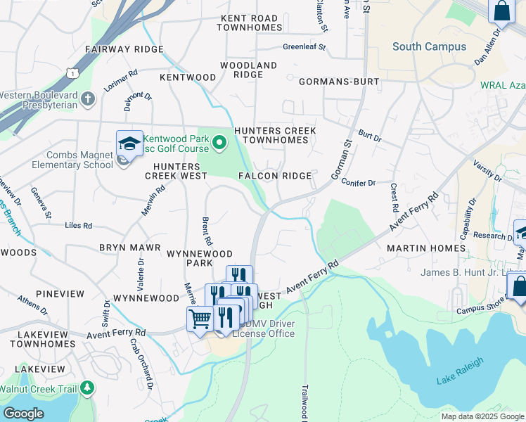 map of restaurants, bars, coffee shops, grocery stores, and more near 502 Brent Road in Raleigh