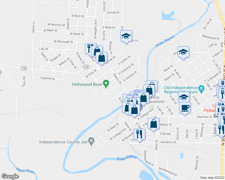 map of restaurants, bars, coffee shops, grocery stores, and more near 487 North Central Avenue in Batesville