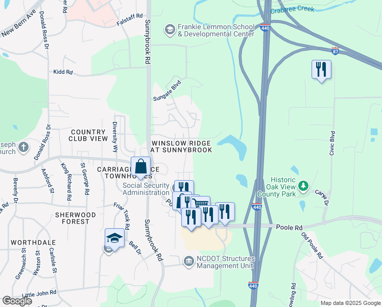map of restaurants, bars, coffee shops, grocery stores, and more near 3404 Baton Road in Raleigh