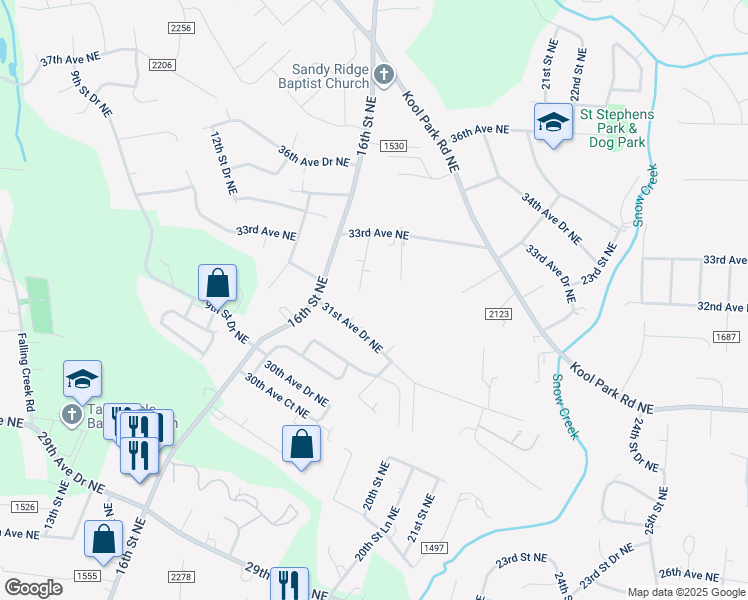 map of restaurants, bars, coffee shops, grocery stores, and more near 3222 17th Street Northeast in Hickory