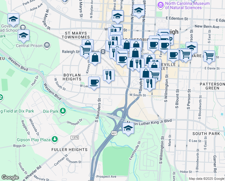 map of restaurants, bars, coffee shops, grocery stores, and more near in Raleigh