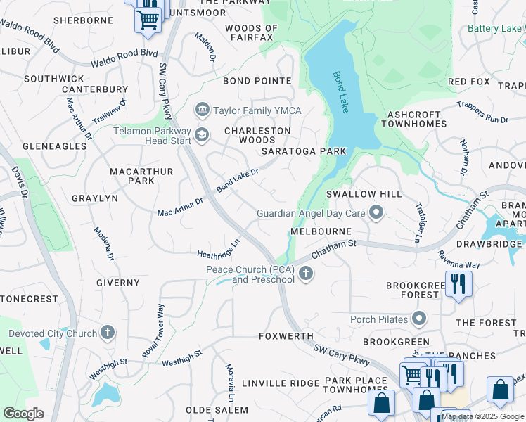 map of restaurants, bars, coffee shops, grocery stores, and more near 123 Gettysburg Drive in Cary