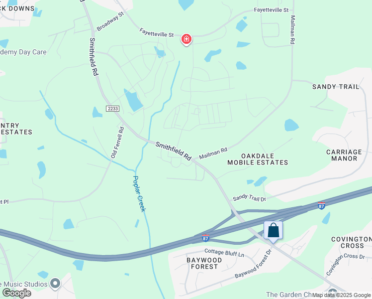 map of restaurants, bars, coffee shops, grocery stores, and more near 2849 Smithfield Road in Knightdale