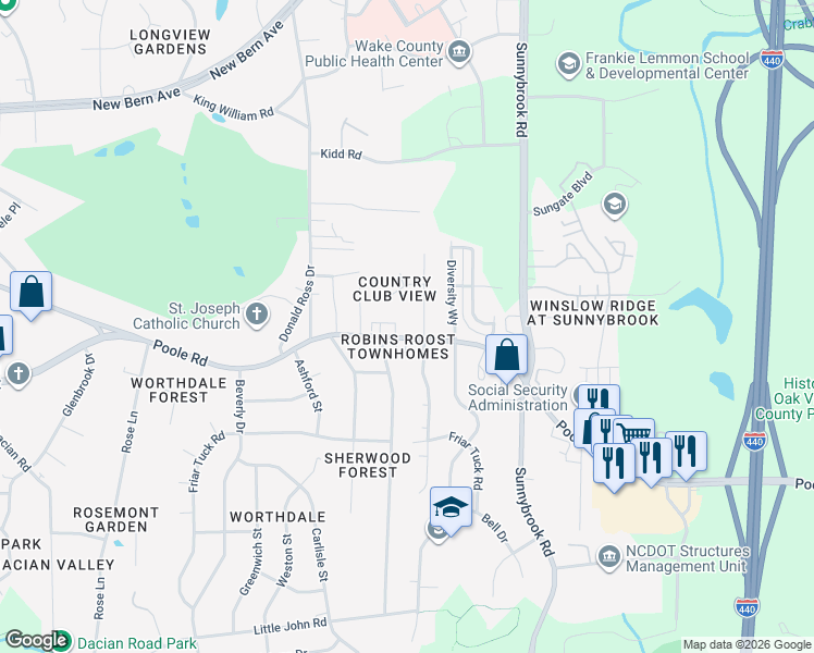 map of restaurants, bars, coffee shops, grocery stores, and more near 3120 Woodpecker Court in Raleigh
