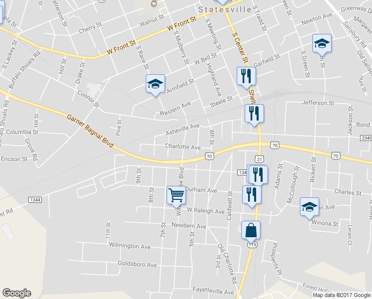 map of restaurants, bars, coffee shops, grocery stores, and more near 903 Wilson W Lee Boulevard in Statesville