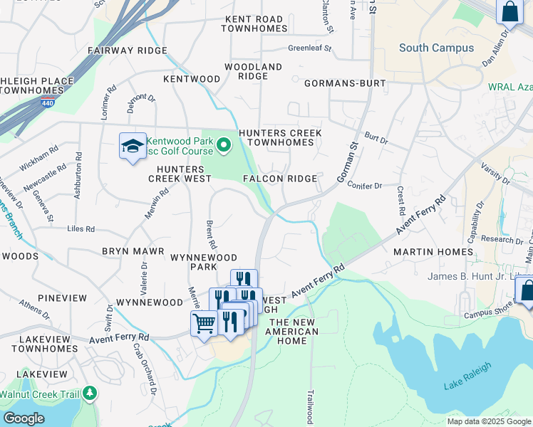 map of restaurants, bars, coffee shops, grocery stores, and more near 4107 Kaplan Drive in Raleigh