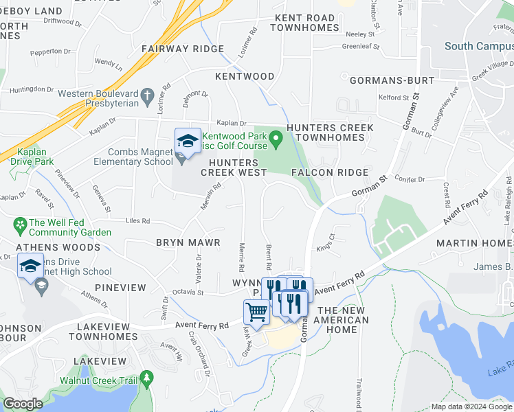 map of restaurants, bars, coffee shops, grocery stores, and more near 614 Brent Road in Raleigh