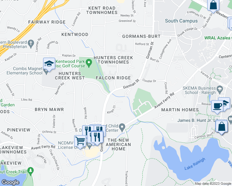 map of restaurants, bars, coffee shops, grocery stores, and more near 1937 Gorman Street in Raleigh