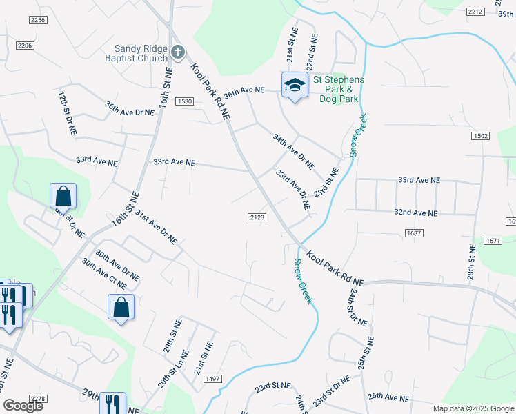 map of restaurants, bars, coffee shops, grocery stores, and more near 2138 Kool Park Road Northeast in Hickory