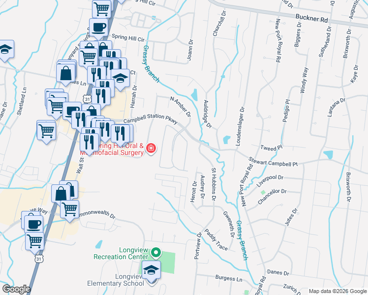 map of restaurants, bars, coffee shops, grocery stores, and more near 3020 Auld Tatty Drive in Spring Hill