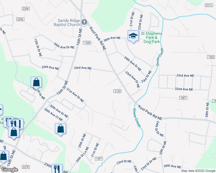 map of restaurants, bars, coffee shops, grocery stores, and more near 2054 Kool Park Road Northeast in Hickory