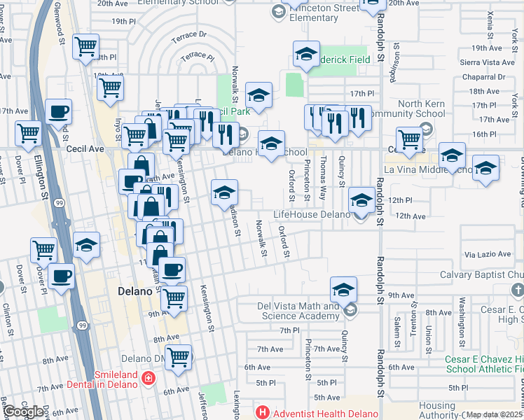 map of restaurants, bars, coffee shops, grocery stores, and more near 1405 12th Avenue in Delano