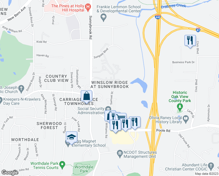 map of restaurants, bars, coffee shops, grocery stores, and more near 3370 Bridgeville Road in Raleigh