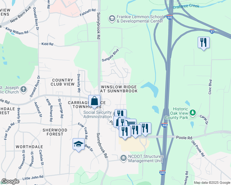map of restaurants, bars, coffee shops, grocery stores, and more near 3360 Bridgeville Road in Raleigh