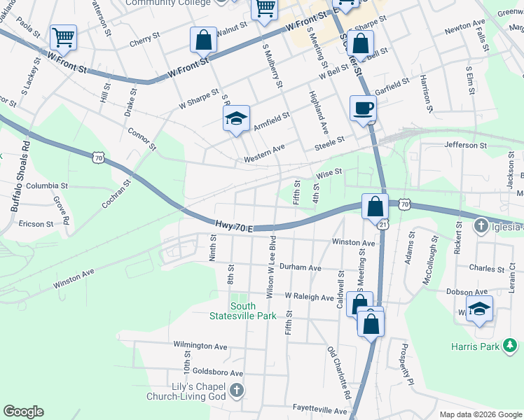 map of restaurants, bars, coffee shops, grocery stores, and more near 825 7th Street in Statesville