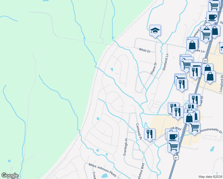 map of restaurants, bars, coffee shops, grocery stores, and more near 1005 Elkhorn Court in Spring Hill