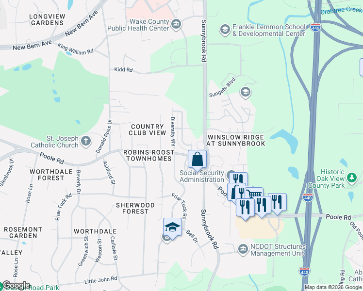 map of restaurants, bars, coffee shops, grocery stores, and more near 3209 Poole Road in Raleigh