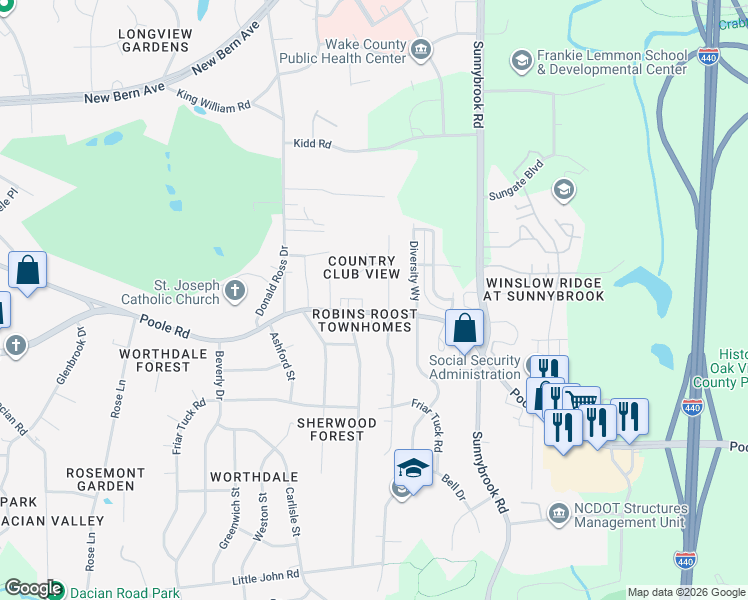map of restaurants, bars, coffee shops, grocery stores, and more near 3120 Woodpecker Court in Raleigh