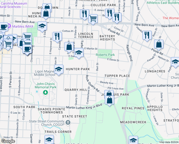 map of restaurants, bars, coffee shops, grocery stores, and more near 505 Rock Quarry Road in Raleigh