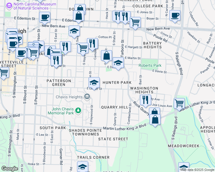 map of restaurants, bars, coffee shops, grocery stores, and more near 819 Postell Street in Raleigh